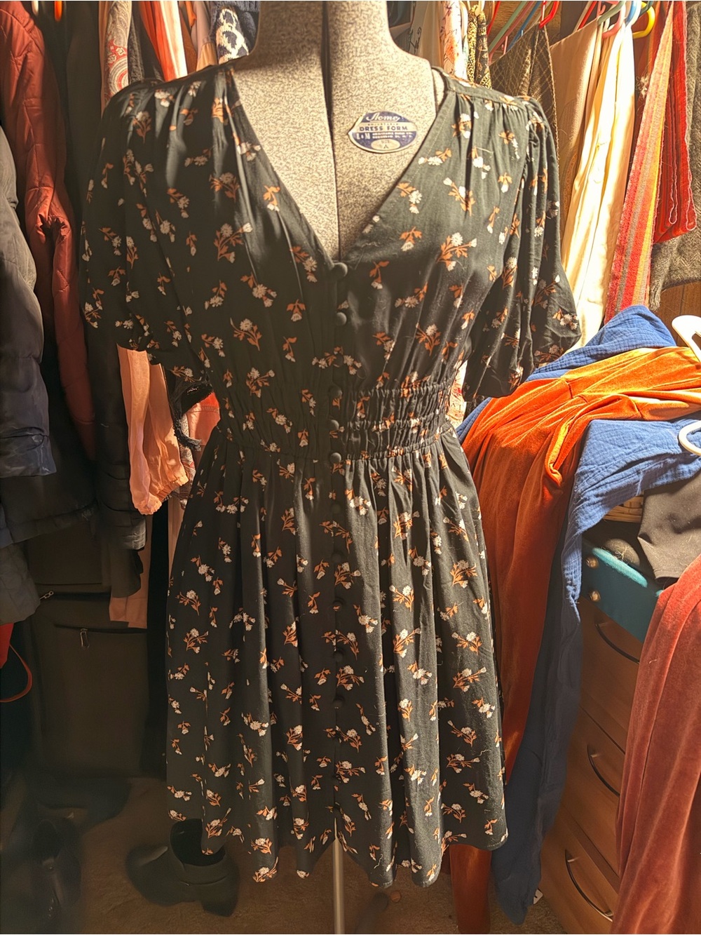 Madewell NWT Black Floral V-Neck Mini Dress with Rust Accents